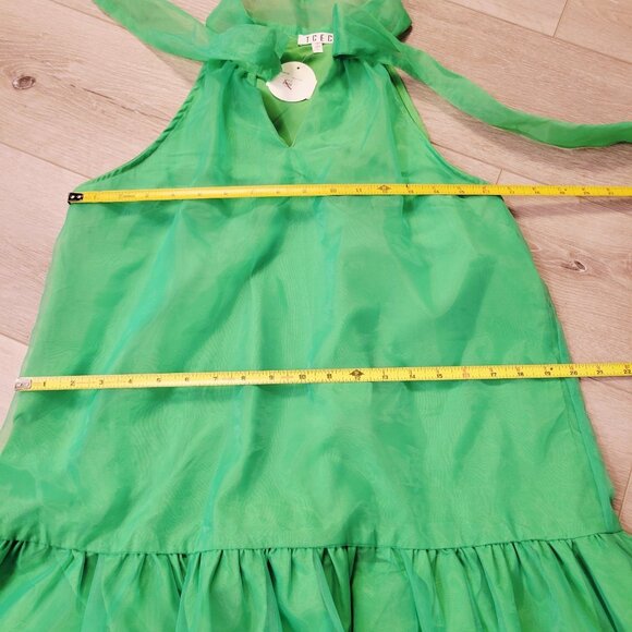 TCEC Hot Green Sleeveless Dress Bow Ribbon Neck Tie Ruffle Size Large - Picture 6 of 7